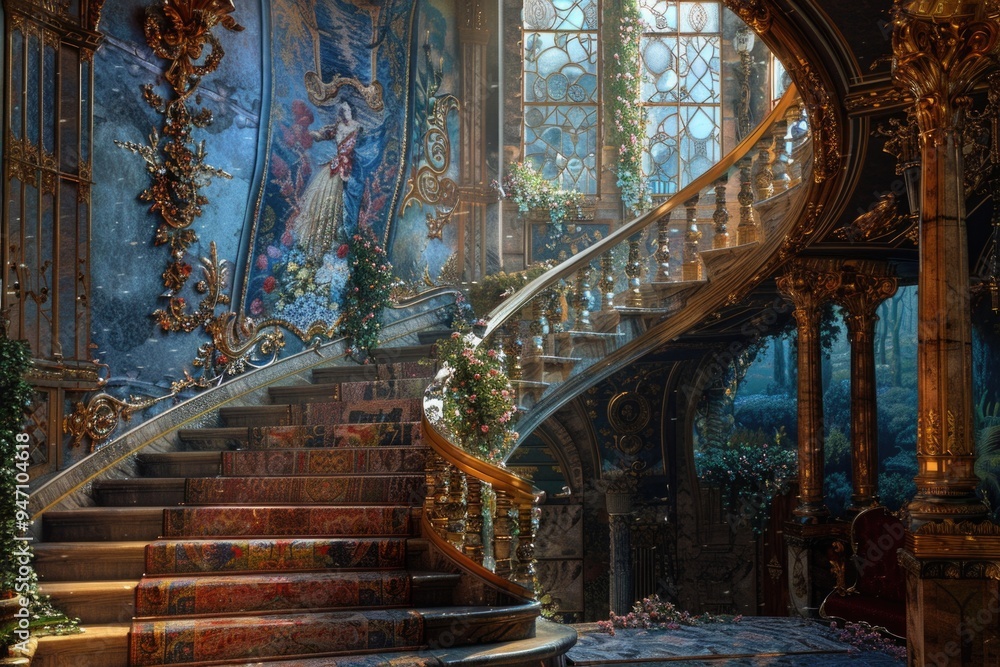 Poster a staircase in a building with a unique painting on the wall