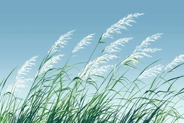 A serene depiction of tall grass swaying gently against a soft blue sky, evoking a sense of tranquility and nature's beauty.