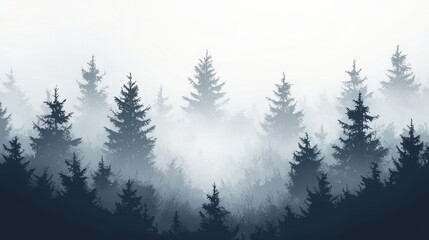 A serene fog-cloaked forest landscape featuring towering evergreen trees, creating a mysterious and tranquil atmosphere.