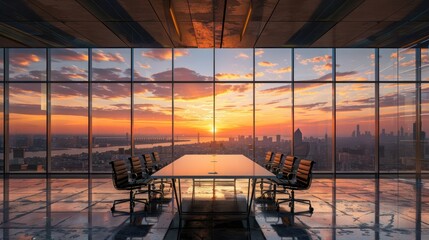 Meeting Room with City Skyline Sunset View