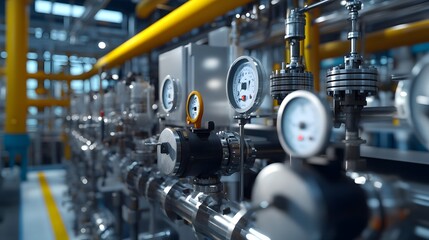 Fototapeta premium A machine with many valves and gauges on it. The gauges are all black and white