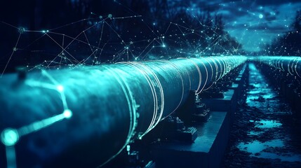 A long pipe with a blue background and orange lines. The pipe is made of metal and has a futuristic look