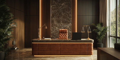 Elegant Law Office Design. A modern law office featuring a sleek desk, luxurious materials, and an inviting atmosphere, perfect for professional consultations and client meetings.