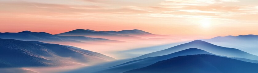 Obraz premium Serene landscape featuring misty mountains and a colorful sunrise, perfect for nature lovers and landscape photography enthusiasts.