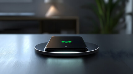 Sleek smartphone on modern wireless charging pad, soft glow highlighting the charging symbol, minimalist room setting with ample copy space for text or design elements
