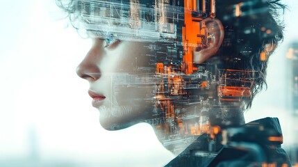 A woman wearing a hard hat and goggles is looking at a cityscape. The image is a collage of the woman's face and the cityscape, with the woman's face appearing as a reflection of the city