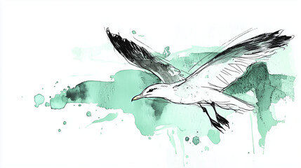 Fototapeta premium Graphic banner - Watercolor sketch illustration of a seagull flying in the sky