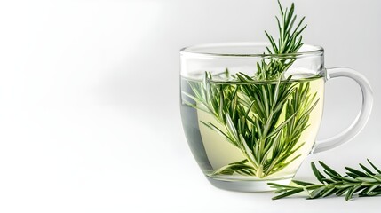 Fresh Rosemary Tea in Glass Mug White Background