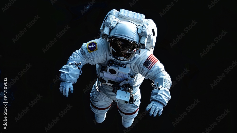 Poster astronaut in space suit floats in mid-air, suitable for sci-fi and futuristic concepts
