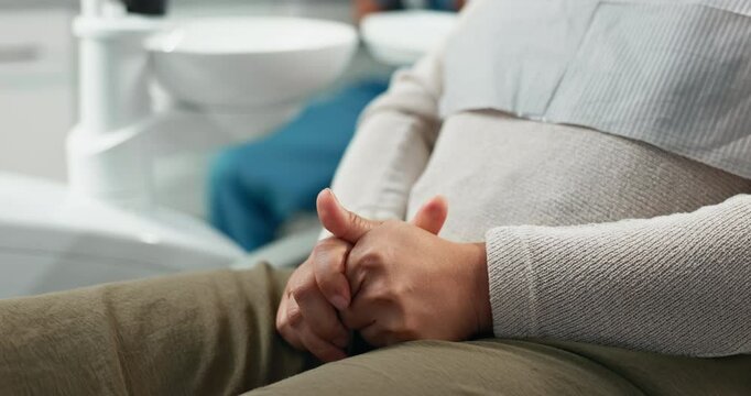 Hands, anxiety and dentist with person, closeup and nervous for appointment. Patient, medical and professional with sweaty palms, dental and reaction with fear, phobia and stress with checkup