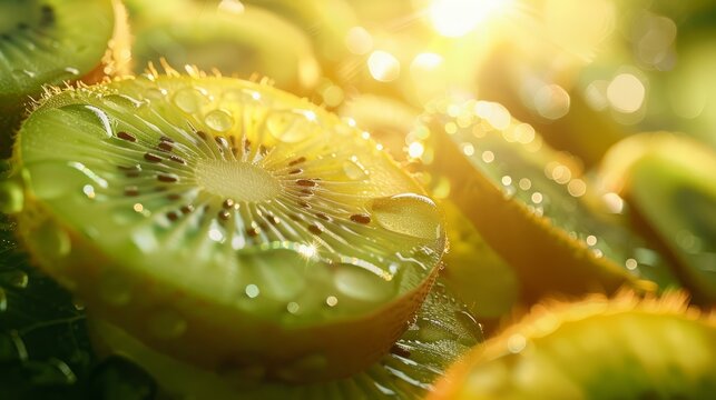 Kiwi fruit benefits close up, focus on, copy space bright and juicy, Double exposure silhouette with sliced kiwi