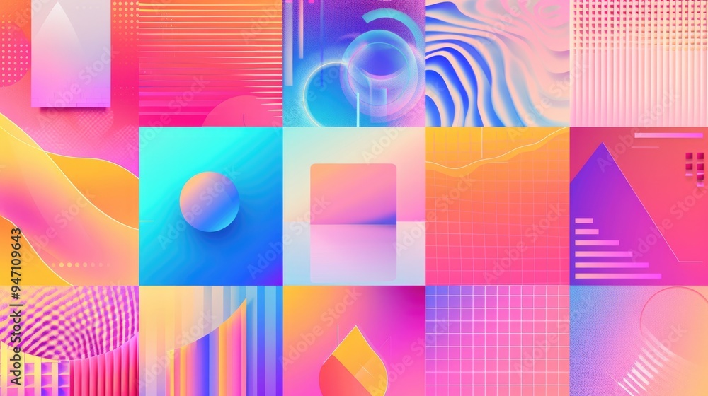 Poster a collection of variously colored geometric shapes arranged in a creative composition