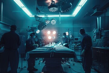 Patients and medical staff gathered around a table in a hospital ward