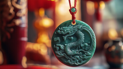 Chinese jade pendant with an intricate dragon carving, isolated bokeh background