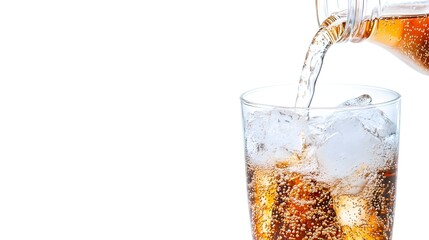 Pouring Brown Soda into Glass with Ice Cubes
