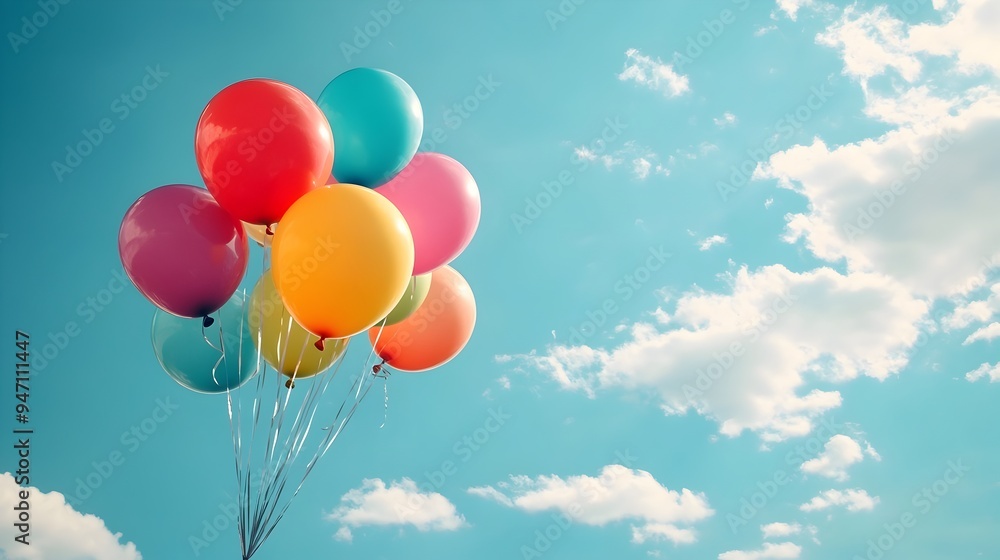 Poster a conceptual image of vibrant colorful balloons floating peacefully in the serene open sky represent