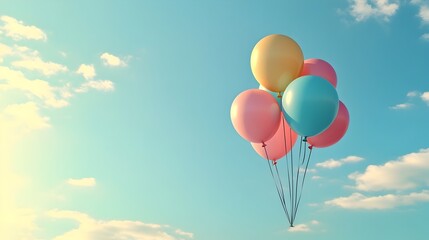 Whimsical and colorful balloons gracefully floating in the serene sky evoking a sense of happiness freedom and lighthearted imagination