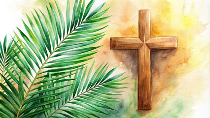 Watercolor of a cross and palm leaves on a background for Palm Sunday celebration, Palm Sunday, cross, watercolor