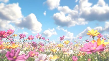 Fototapeta premium A conceptual panoramic image of a lush verdant field of flowers in full bloom symbolizing happiness harmony and the vibrant effervescent growth of nature