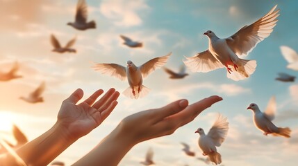 Hands Gently Releasing Doves into the Vast Serene Sky Symbolizing Happiness Freedom and Spiritual Transcendence