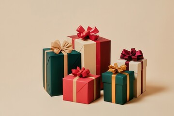 Fototapeta premium A collection of minimalist Christmas gift boxes in various colors and geometric shapes, adorned with vibrant ribbons and bows for the holidays. Generative AI