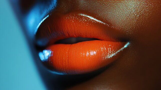 Close-up of Sensual Lips with Bold, Vibrant Orange Lipstick, Smooth Texture and High Shine Finish, Beauty, Makeup, Lip Color, Cosmetics