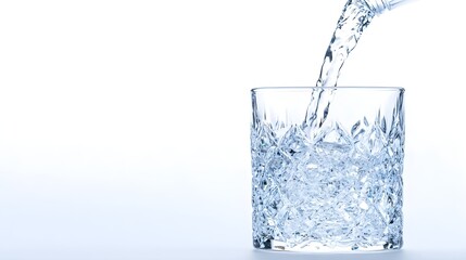 Pouring Water into Crystal Glass on White Background