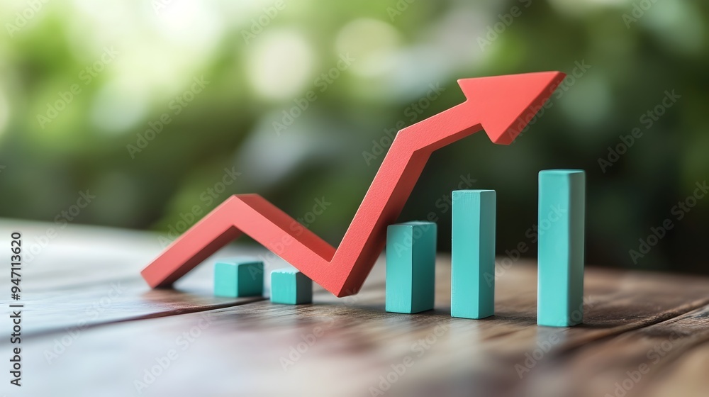 Poster conceptual digital of an abstract upward trending graph or arrow shape symbolizing growth success an