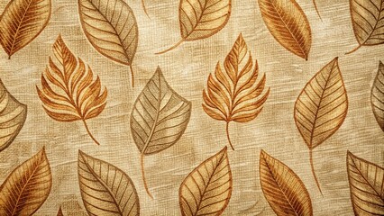 Obraz premium Earth-toned fabric with leaf motifs and abstract lines on a tan background, trendy, fabric, earth tones, leaves, abstract