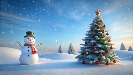 Obraz premium Snowman and Christmas tree standing in a snow-covered landscape, winter, holiday, festive, decorations, outdoors, cold