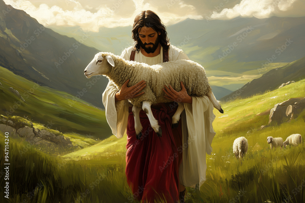 Wall mural jesus the good shepherd, shepherd of souls, blesses his followers among his sheep. as depicted in bi