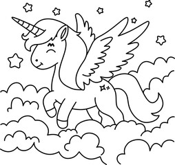 Drawing outline unicorn standing on a cloud in the sky.eps