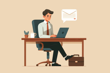 A businessman sits in front of his desk computer while sending an important email to a colleague