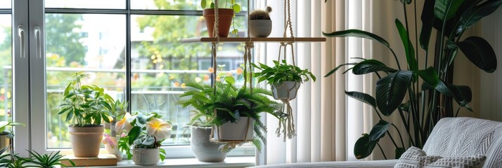 Handmade macrame shelf planter hanger for indoor plants wooden furniture vase with flowers and elegant accents Cozy home decoration Minimalist boho living room interior design