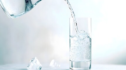 Pouring Water Into Glass with Ice Cubes