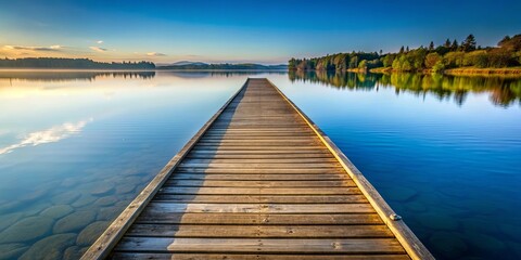 Fototapeta premium Peaceful reflection of a long wooden pier stretching out into a calm lake, lake, reflection, pier, wood, tranquil, serene