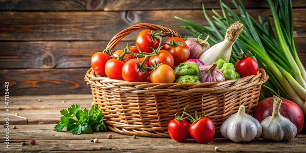 Wall mural A basket of fresh Spring vegetables including onions, tomatoes, and garlic , Spring, vegetables, basket, onions, tomatoes, garlic