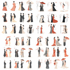 A collection of anime-style figures in various poses, some holding umbrellas. The mood of the images is lighthearted and playful