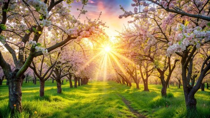 Naklejka premium Beautiful spring nature scene with blooming flowers, trees