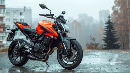 Orange and Black Motorcycle Parked on a Wet Street