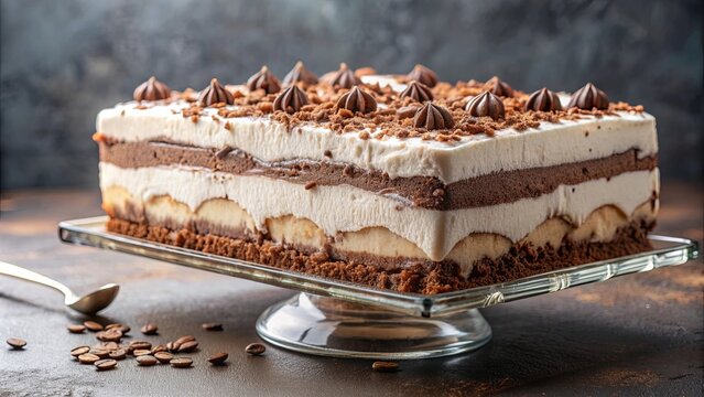 Viennetta-style ice cream cake with cocoa whipped cream and chocolate flakes on a glass tray, Viennetta