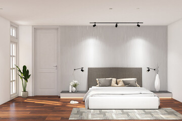 3d render of minimal bedroom side the window interior design with white wood louvre backdrop & frame mockup. Wood parquet floor, light gray wall and white ceiling. Set 13