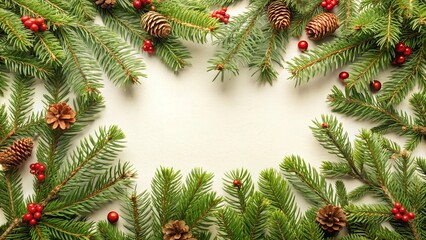 Christmas-themed flat lay frame scene with evergreen tree twigs creating a border