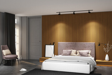 3d render of minimal bedroom side the window interior design with wood louvre backdrop & frame mockup. Cement gray floor, light gray wall and white ceiling. Set 17
