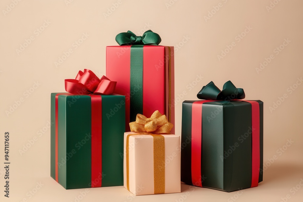 Leinwandbilder four minimalist christmas gift boxes designed in geometric shapes feature colorful ribbons and bows 