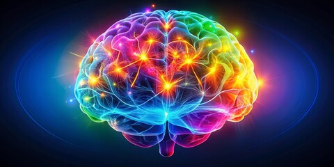 Vibrant representation of a human brain with glowing colors, symbolizing intelligence and creativity, vibrant