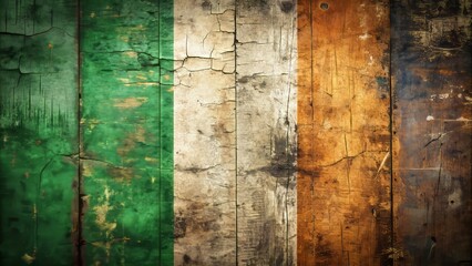 Faded Tricolor, subtle wear and tear on rustic wood background, mossy hues and soil tones faintly visible, fog-softened light accentuating worn fabric edges.