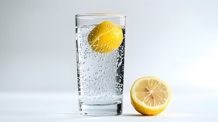 Sparkling Lemon Water in Glass, Refreshing Drink