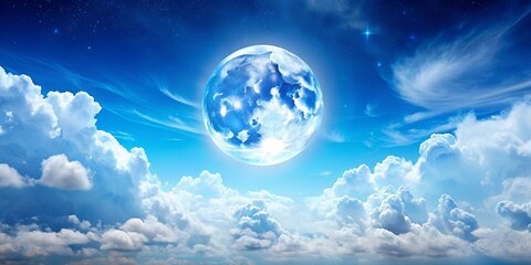Bright blue sky with fluffy white clouds and a full moon shining through, creating a serene and peaceful atmosphere, sky, blue, clouds