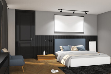 3d render of minimal bedroom side the window interior design with wood louvre backdrop & frame mockup. Wood parquet floor, light gray wall and white ceiling. Set 23